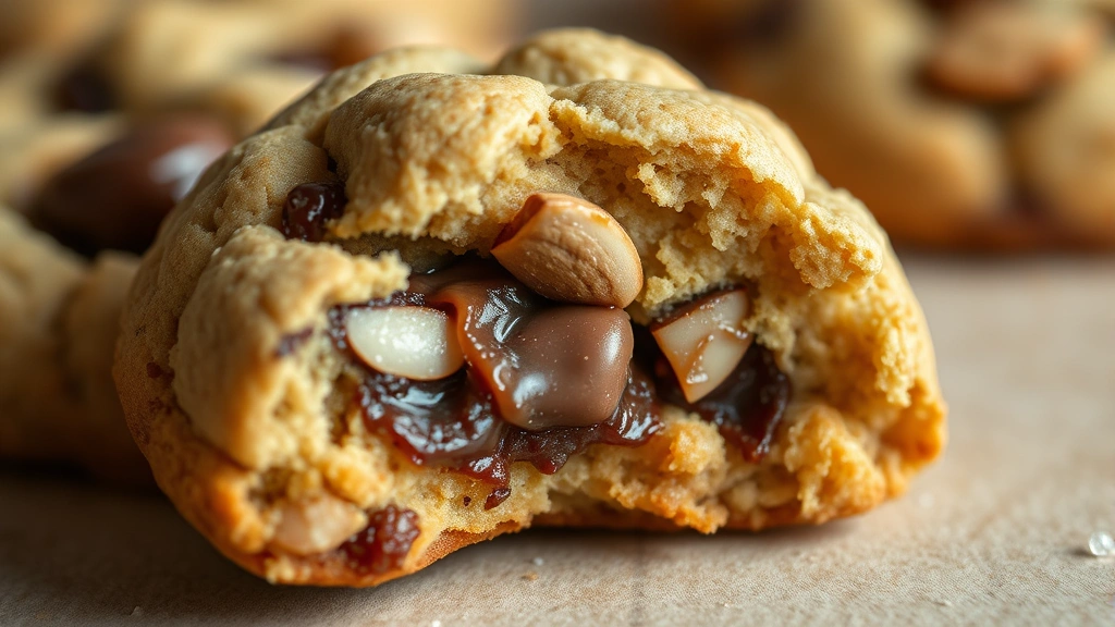 detail: close-up macro shot of single cookie cross-section showing chewy center with melted chocolate and almond pieces, natural side lighting showing texture and moisture, cookie slightly broken to reveal interior
