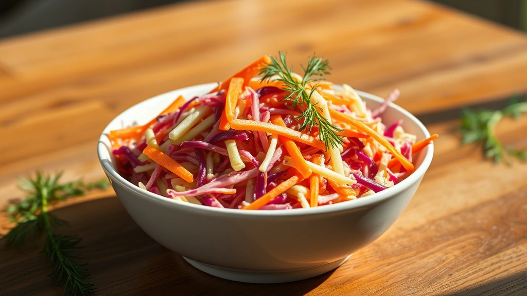 hero: vibrant coleslaw in a white ceramic bowl with red and green cabbage, grated carrots, fresh dill garnish, natural sunlight streaming across wooden table, photorealistic, appetizing, no text