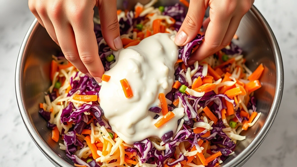 process: hands tossing shredded cabbage and carrots with creamy yogurt dressing in a large mixing bowl, photorealistic, bright kitchen lighting, action shot, no text