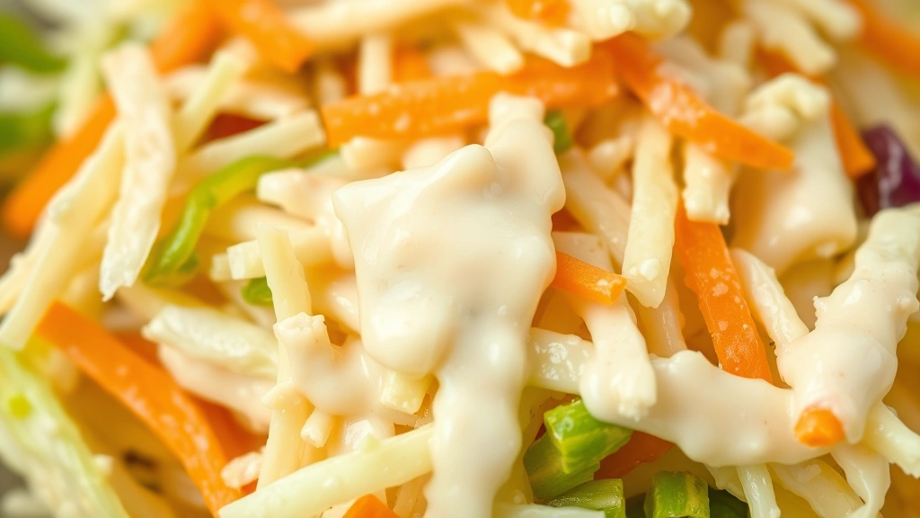 detail: close-up of coleslaw showing texture of thinly sliced cabbage, grated carrots, and creamy dressing coating each piece, shallow depth of field, photorealistic, no text