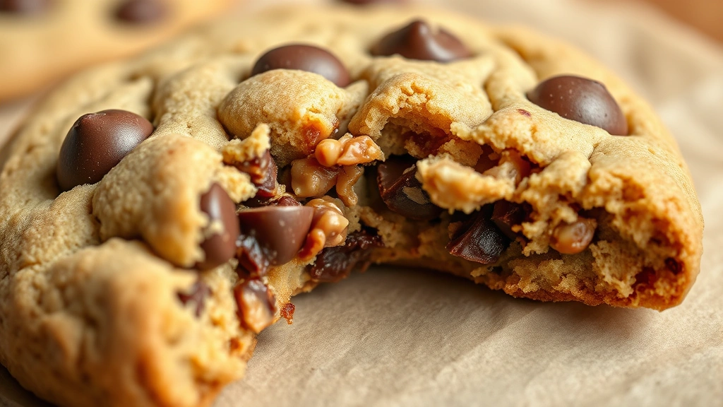 detail: close-up of single warm cookie broken in half showing chewy center, chocolate chips and nuts visible, photorealistic, natural soft light, no text