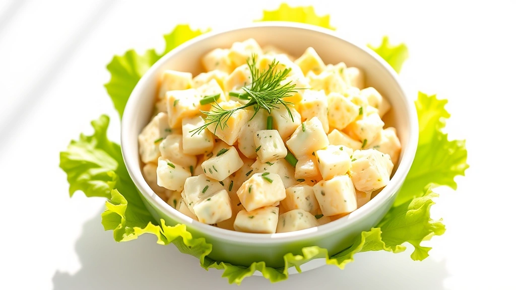 hero: creamy healthy egg salad served in a white ceramic bowl, topped with fresh dill and chives, bright green lettuce underneath, natural sunlight streaming across the bowl, professional food styling, clean white background, appetizing and fresh appearance