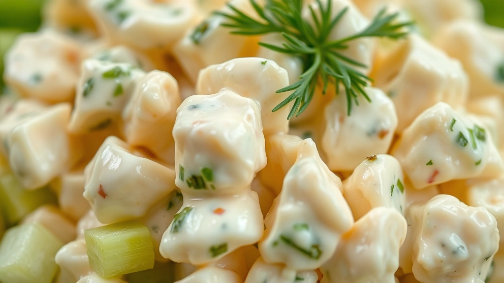 detail: close-up macro shot of egg salad showing creamy texture, visible celery pieces, fresh dill garnish, and soft egg chunks, shallow depth of field, professional food photography, mouthwatering detail of the ingredients and texture