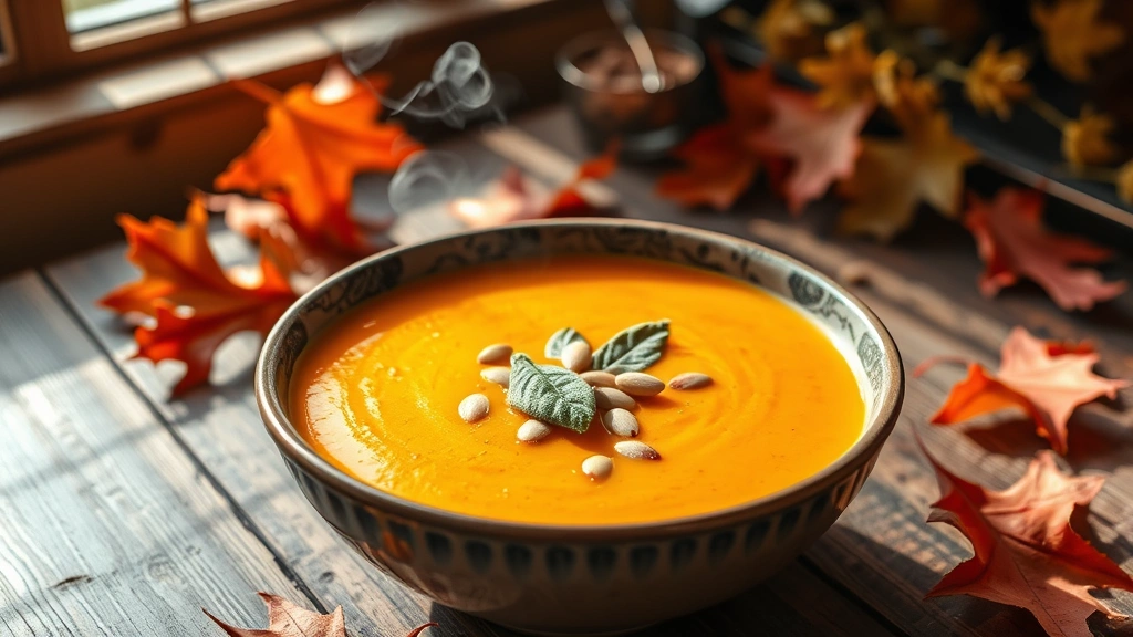 hero: bowl of vibrant orange butternut squash soup with spinach, garnished with pumpkin seeds and sage, steam rising, rustic wooden table, autumn leaves in background, warm natural sunlight streaming through window, no text, appetizing and inviting
