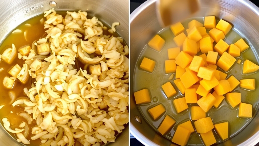 process: close-up of caramelized onions and garlic in olive oil in pot, diced butternut squash pieces being added, golden and aromatic, stovetop cooking scene, warm kitchen lighting, no text, showing cooking progression