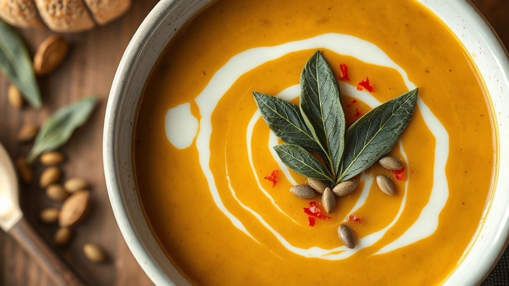 detail: close-up overhead shot of finished soup bowl with cream swirl, pumpkin seeds, fresh sage leaf, and red pepper flakes, shallow depth of field, natural window light, minimalist styling, no text, food photography style