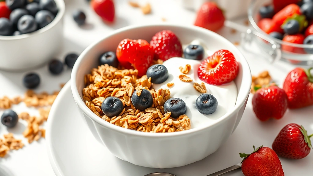 hero: golden homemade granola in white bowl with fresh berries and yogurt, photorealistic, natural morning light, no text