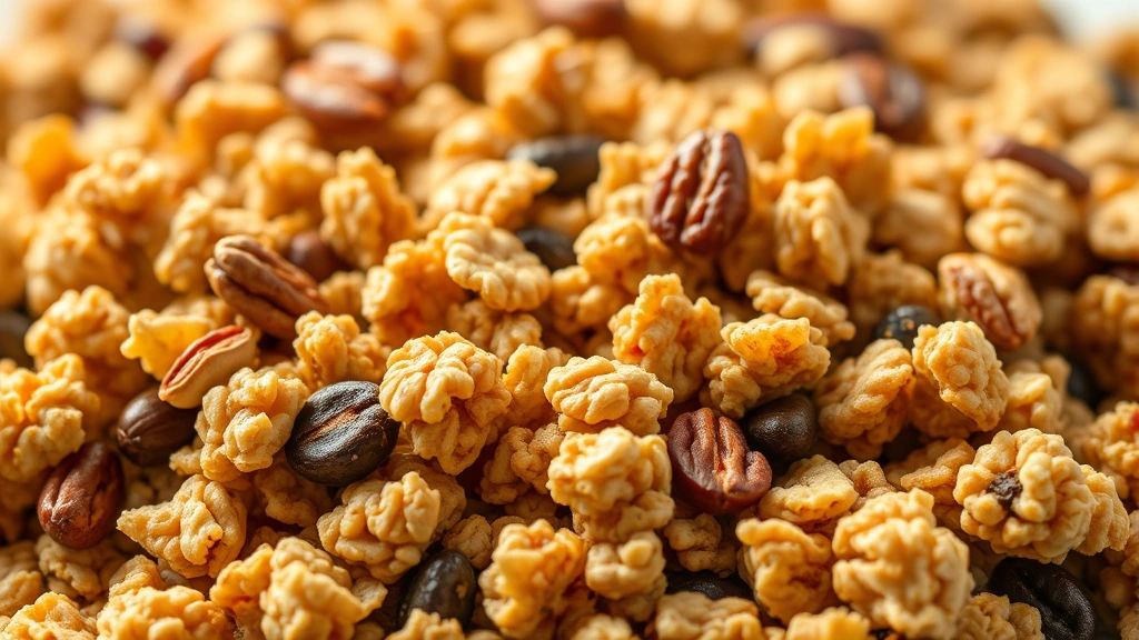 detail: close-up of crispy granola clusters with visible nuts seeds and dried fruit, photorealistic, natural light showing golden color and texture, no text