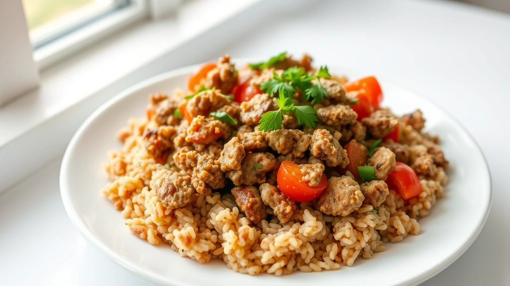 hero: beautifully plated healthy ground turkey skillet dish with fresh herbs garnish, vibrant vegetables visible, served over brown rice on a white plate, natural window light, clean white background, food photography