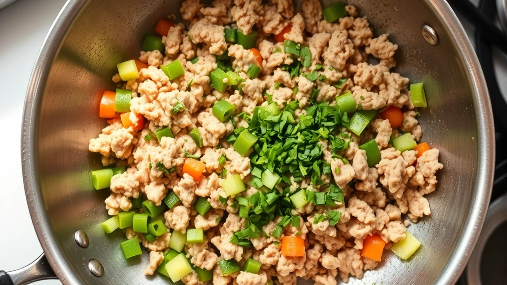 process: ground turkey cooking in a stainless steel skillet with diced vegetables, herbs being stirred in, mid-cooking stage showing texture, natural daylight from kitchen window, overhead angle