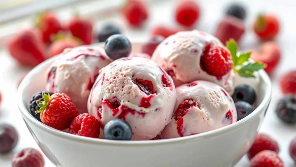 hero: scoops of creamy berry healthy ice cream in a white bowl with fresh berries scattered around, photorealistic, natural window light, no text
