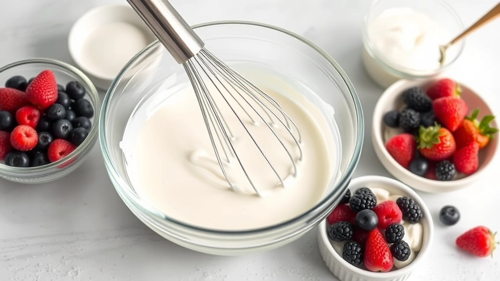 process: whipping heavy cream in a glass bowl with a whisk, berries and yogurt ingredients nearby, photorealistic, natural light, no text