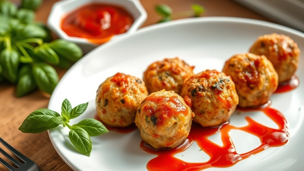 hero: golden baked healthy meatballs arranged on white plate with fresh basil garnish and marinara sauce drizzle, photorealistic, warm natural window light, no text, styled for food blog