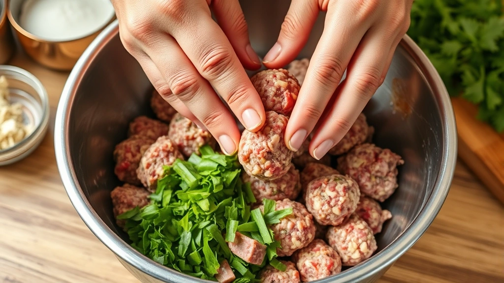 process: hands gently forming raw meatball mixture in stainless steel bowl with ingredients visible, photorealistic, bright natural kitchen light, no text
