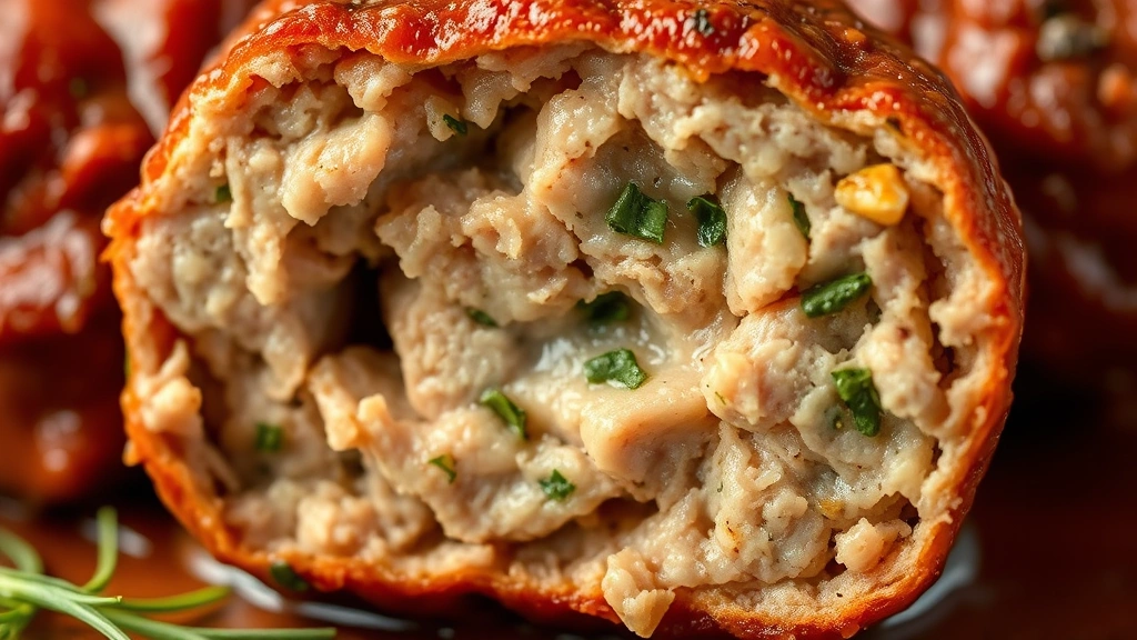 detail: close-up cross-section of cooked meatball showing tender interior texture with herbs visible, photorealistic, macro photography style, natural light, no text