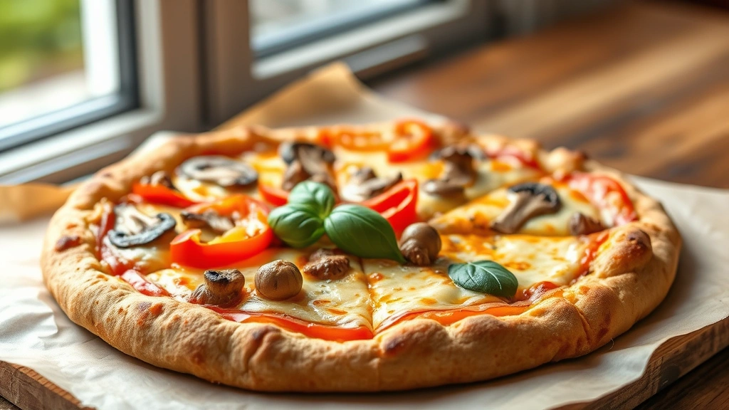 hero: Golden-brown whole wheat pizza with melted cheese and colorful fresh vegetables including bell peppers, mushrooms, and basil on top, served on parchment paper, photorealistic, natural window light, no text