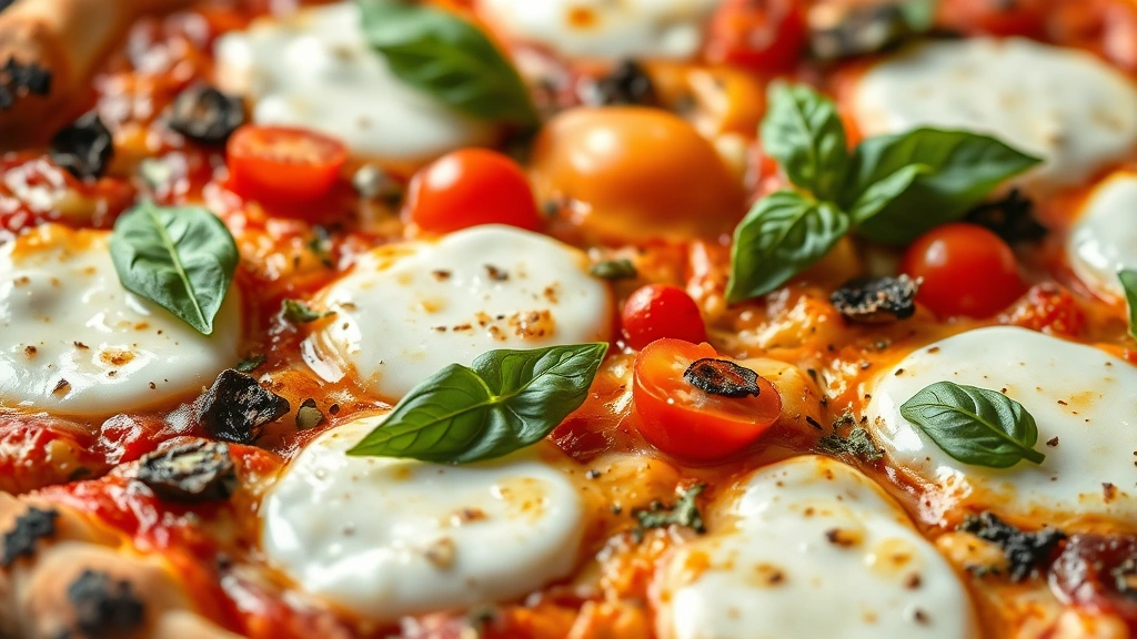 detail: Close-up of baked pizza showing melted part-skim mozzarella, fresh basil garnish, and vibrant vegetable toppings with crispy golden crust edge, photorealistic, natural light, no text