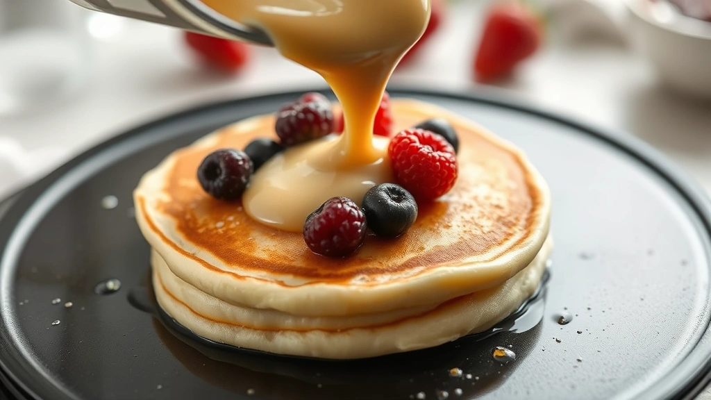 process: close-up of pancake batter being poured onto hot griddle with berries being sprinkled on top, photorealistic, natural light, no text