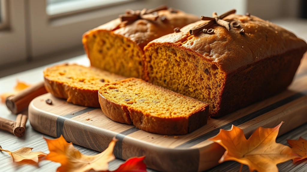 hero: two sliced pumpkin bread loaves on wooden board, warm cinnamon spices visible, autumn leaves scattered, natural window light, shallow depth of field