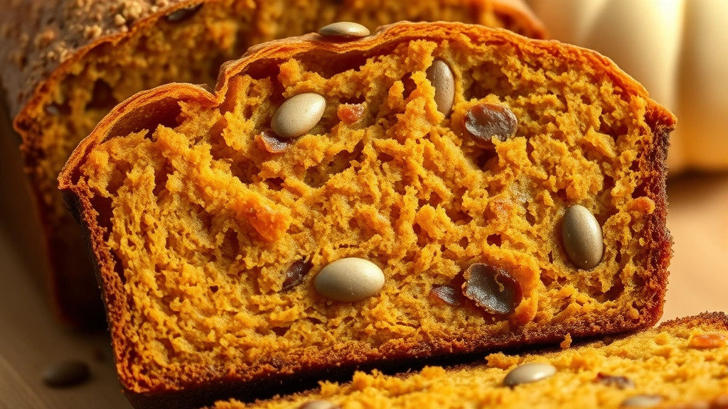 detail: close-up cross-section of pumpkin bread slice showing moist crumb structure, pumpkin seeds embedded, warm golden color, soft natural lighting