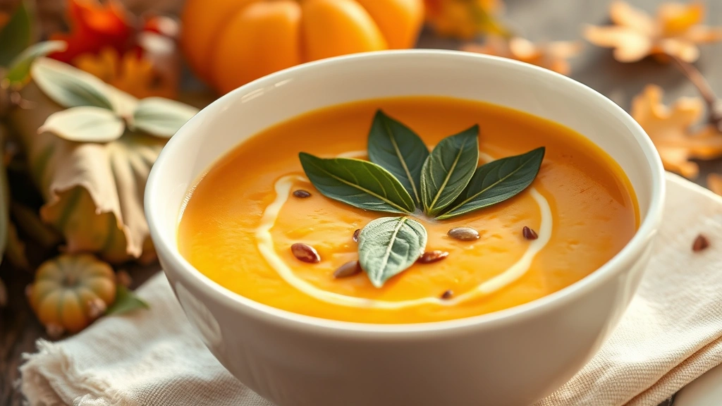 hero: creamy pumpkin soup in white ceramic bowl, fresh sage leaves and pumpkin seeds garnish, pumpkin seed oil drizzle, autumn background, photorealistic, natural golden hour lighting, no text