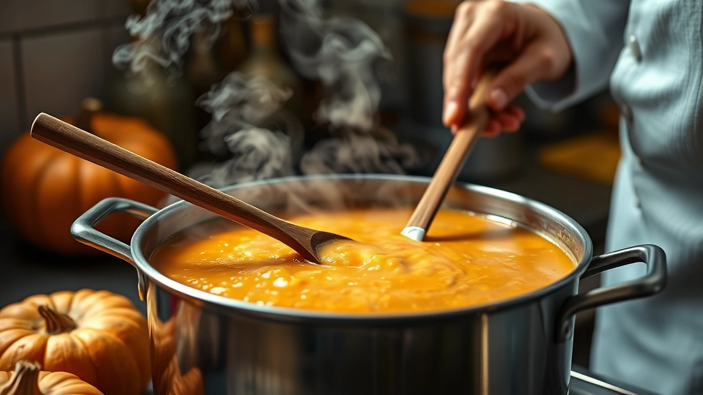 process: chef stirring pumpkin soup with wooden spoon in large pot, steam rising, warm kitchen lighting, photorealistic, natural light, no text