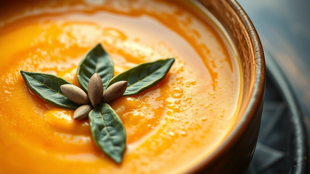 detail: close-up of pumpkin soup with sage leaf and pumpkin seed garnish, creamy texture detail, pumpkin seed oil drizzle, photorealistic, natural light, no text