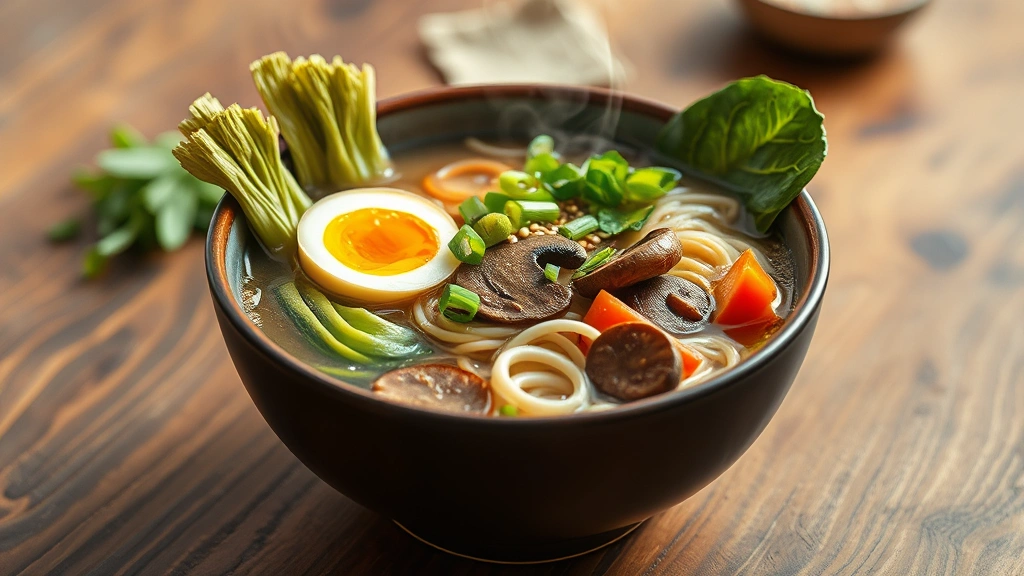 hero: steaming bowl of healthy ramen with soft-boiled egg, bok choy, mushrooms, carrots, and noodles in clear broth, garnished with green onions and sesame seeds, wooden table background, steam rising, photorealistic, natural light, no text