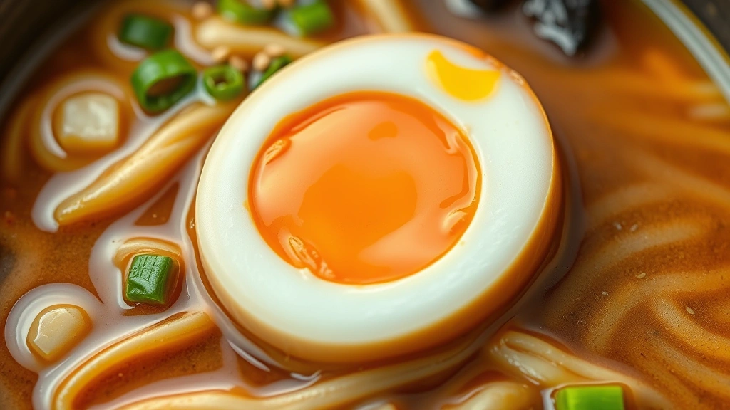 detail: close-up cross-section of soft-boiled egg with perfectly jammy yolk resting on ramen noodles, broth surrounding, sesame seeds and green onions visible, photorealistic, natural light, no text