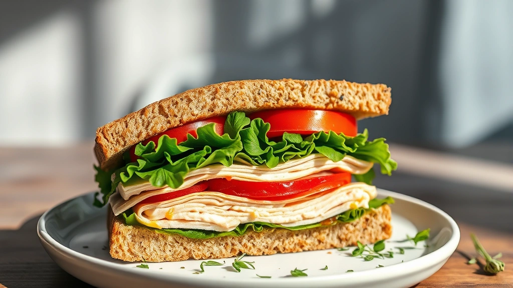 hero: fresh healthy sandwich cut diagonally showing vibrant layers of turkey, vegetables, greens, tomato, and whole grain bread, photorealistic, natural daylight streaming from left, sandwich on white ceramic plate with fresh herbs scattered around, no text, appetizing and inviting
