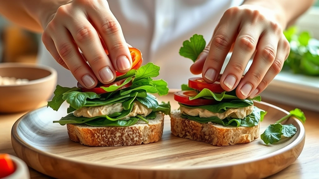 process: hands assembling sandwich showing layering technique with fresh spinach and vegetables being placed on bread with hummus spread, photorealistic, natural kitchen window light, close-up of assembly process, no text