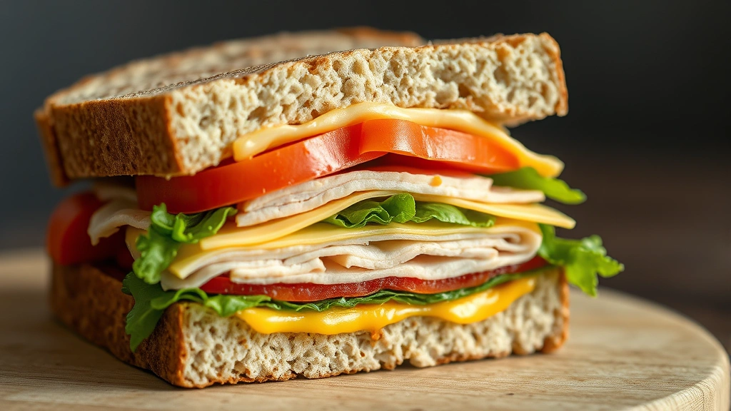 detail: extreme close-up macro shot of sandwich cross-section showing all layers clearly visible including cheese melt, crisp vegetables, tender turkey, and whole grain texture, photorealistic, natural light highlighting colors, no text