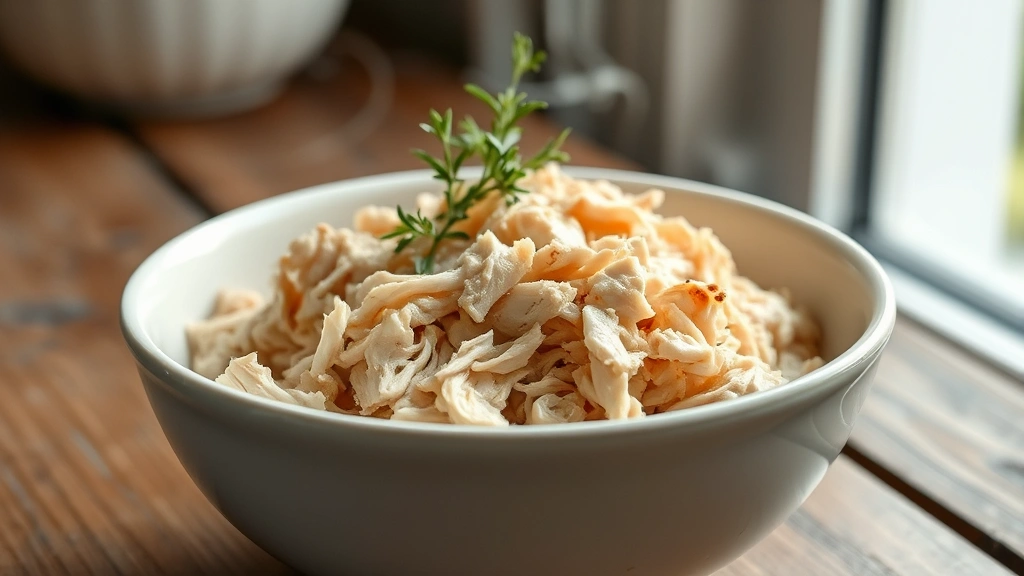 hero: perfectly shredded chicken breast in a rustic white ceramic bowl, steam rising, fresh thyme sprig garnish, morning natural window light, shallow depth of field, no text or watermarks