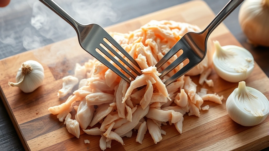 process: two forks shredding warm chicken breast on a wooden cutting board, steam visible, bright natural light from above, raw garlic and onion nearby, professional food photography style, no text