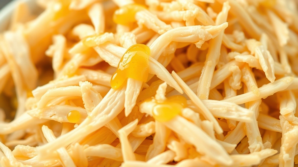 detail: close-up macro shot of tender shredded chicken with lemon juice glistening on the surface, individual strands visible, soft diffused natural light, shallow focus, no text or labels