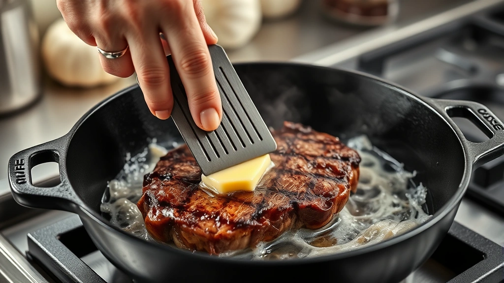 process: hand flipping steak in hot cast iron skillet with butter foaming, garlic cloves visible, professional kitchen lighting, photorealistic, action shot, no text