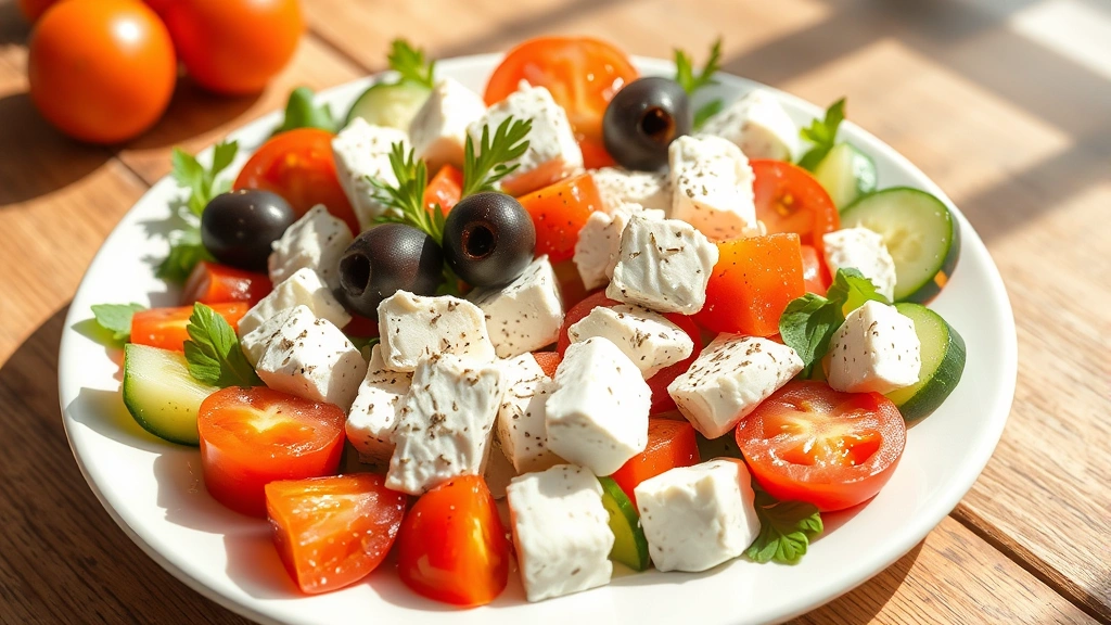 hero: colorful Greek salad with feta cheese, Kalamata olives, fresh tomatoes and cucumbers on white plate, Mediterranean style, natural sunlight streaming across, appetizing and fresh, professional food photography, no text or watermarks