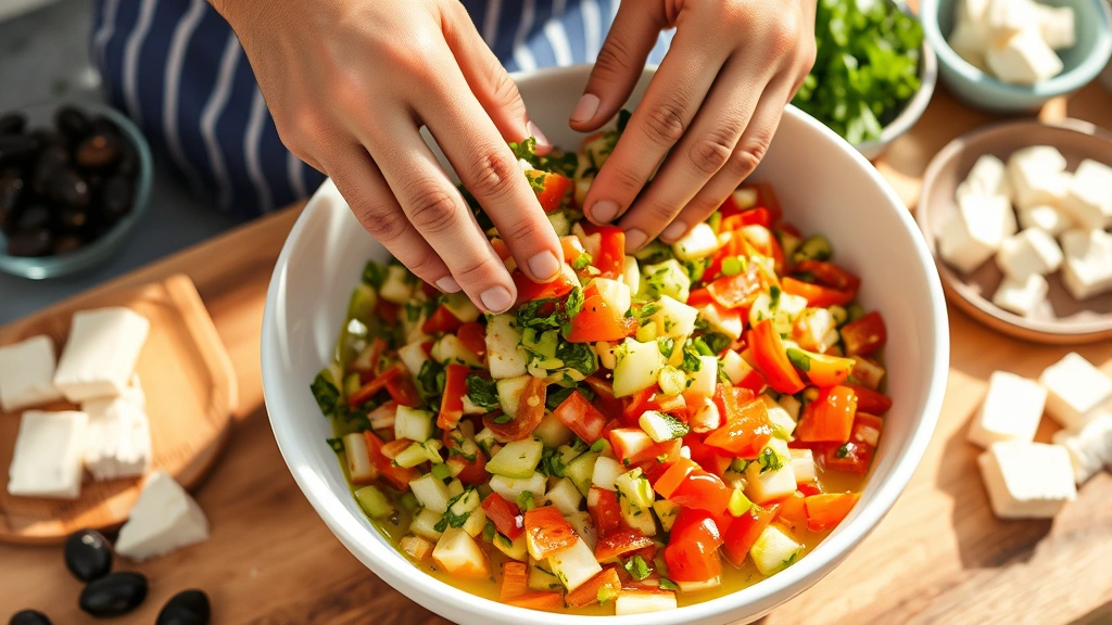 process: hands tossing fresh diced vegetables in large white bowl with olive oil dressing, ingredients scattered around including Kalamata olives and feta cheese blocks, bright natural daylight, vibrant colors, authentic kitchen setting, no text