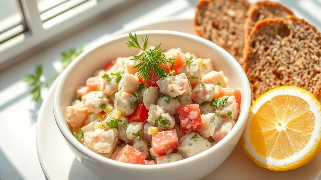hero: Vibrant healthy tuna salad in a white ceramic bowl, fresh dill and parsley garnish on top, served with whole grain bread slices and fresh lemon wedges on the side, natural daylight streaming across the scene, appetizing and fresh appearance, no text or watermarks