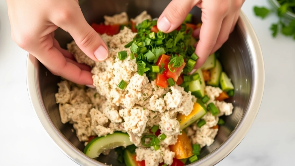 process: Hands gently folding ingredients together in a stainless steel mixing bowl, showing the creamy tuna mixture being combined with fresh vegetables and herbs, natural kitchen lighting, close enough to see the texture and freshness of ingredients, no text