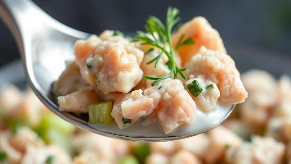 detail: Close-up macro shot of a single spoonful of tuna salad showing the flaked tuna, visible celery pieces, fresh dill sprigs, and creamy coating, shallow depth of field, bright natural light highlighting the fresh green herbs and white yogurt base, no text