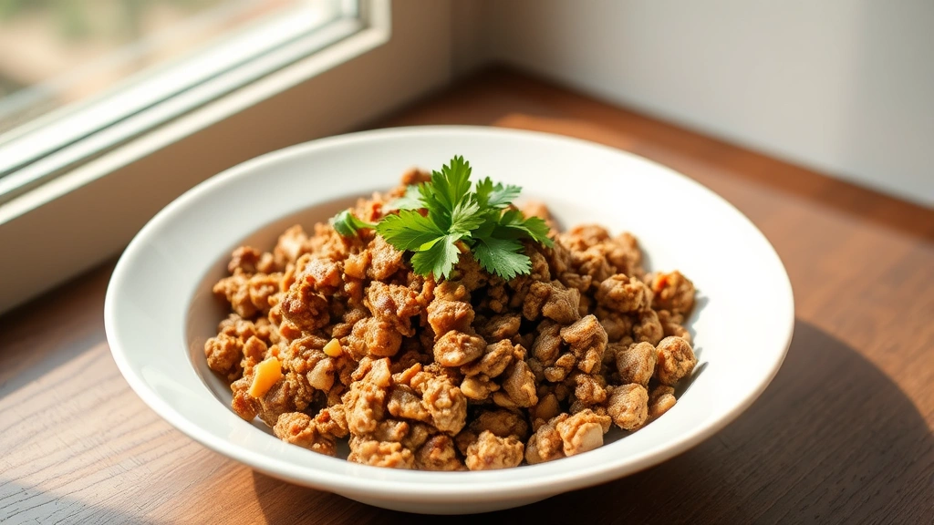 hero: seasoned cooked ground turkey with cilantro garnish in white bowl, warm natural window light, minimalist plating, no text