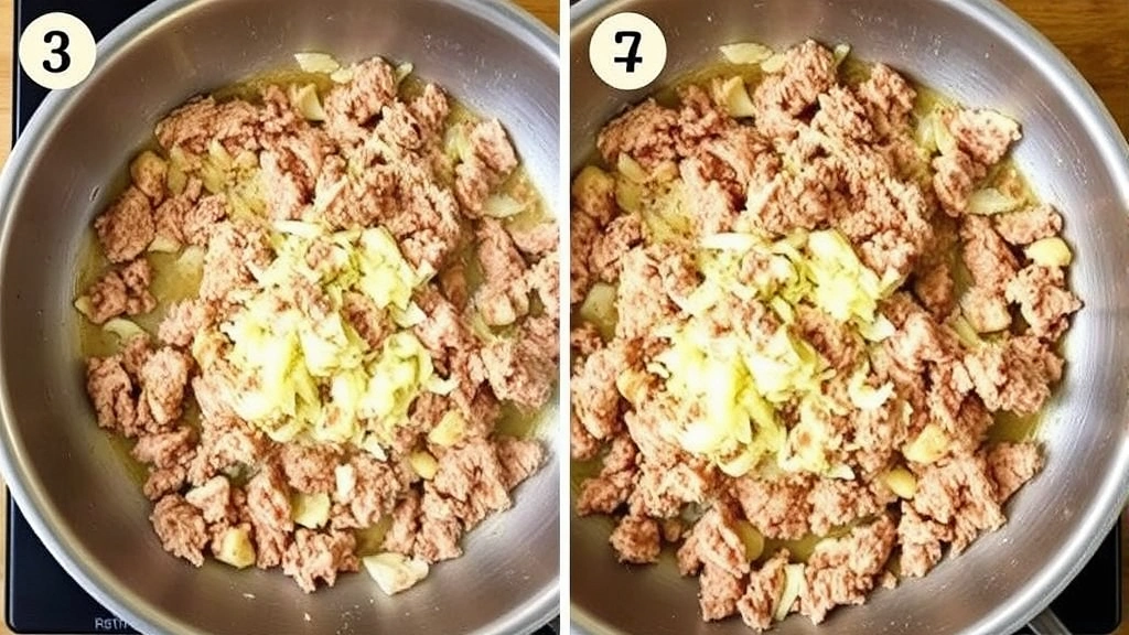 process: browning ground turkey in stainless steel skillet with onions and garlic, sizzling action, overhead angle, natural kitchen light, no text