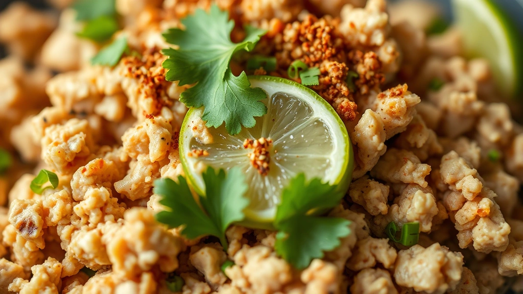 detail: close-up of ground turkey texture with fresh lime, cilantro, and spices sprinkled on top, shallow depth of field, warm daylight, no text