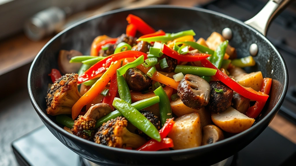 hero: vibrant vegetable stir-fry in wok, steaming hot, colorful broccoli bell peppers snap peas mushrooms, sesame seeds garnish green onions, photorealistic, natural daylight, professional food photography, no text