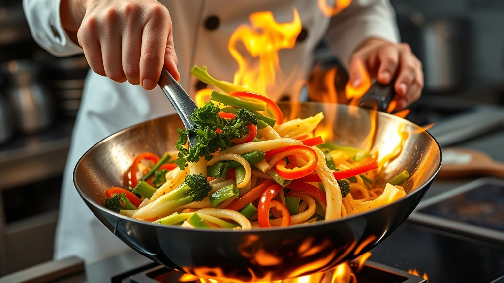 process: chef tossing vegetables in hot wok, high heat flames visible, mid-stir action shot, vegetables in motion, photorealistic, natural kitchen lighting, professional cooking technique demonstration, no text