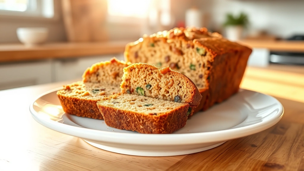 hero: sliced healthy zucchini bread loaf on a white ceramic plate, golden brown exterior with visible zucchini and walnuts, warm afternoon sunlight streaming through window, photorealistic, natural light, no text, cozy kitchen setting
