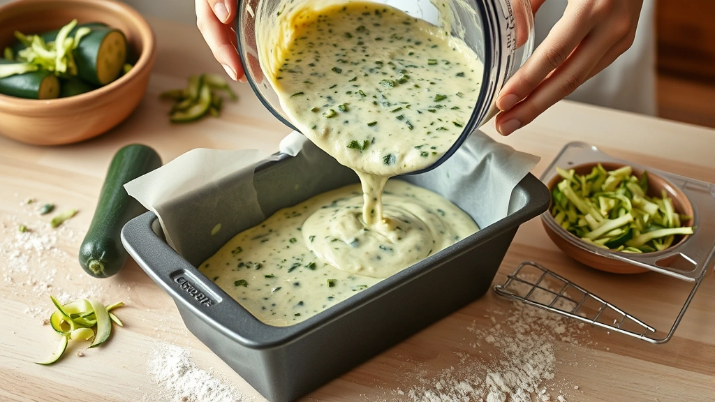 process: hands pouring green-flecked batter into loaf pan lined with parchment, fresh shredded zucchini visible in bowl nearby, whole wheat flour dusting the counter, photorealistic, natural light, no text, bright kitchen counter