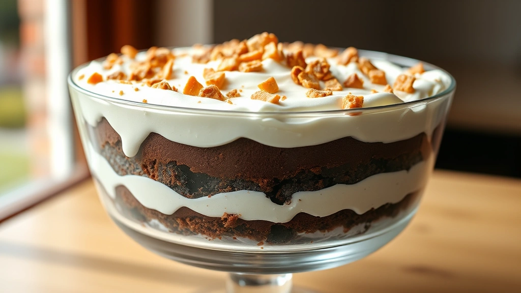 hero: Layered Heaven on Earth Cake in clear glass trifle dish, rich chocolate layers visible, topped with whipped cream and toffee bits, photorealistic, natural window light, no text