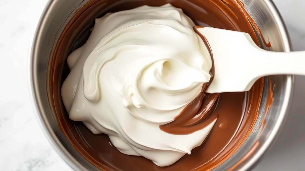 process: Folding whipped cream into chocolate pudding mixture in metal mixing bowl with rubber spatula, photorealistic, natural light, no text